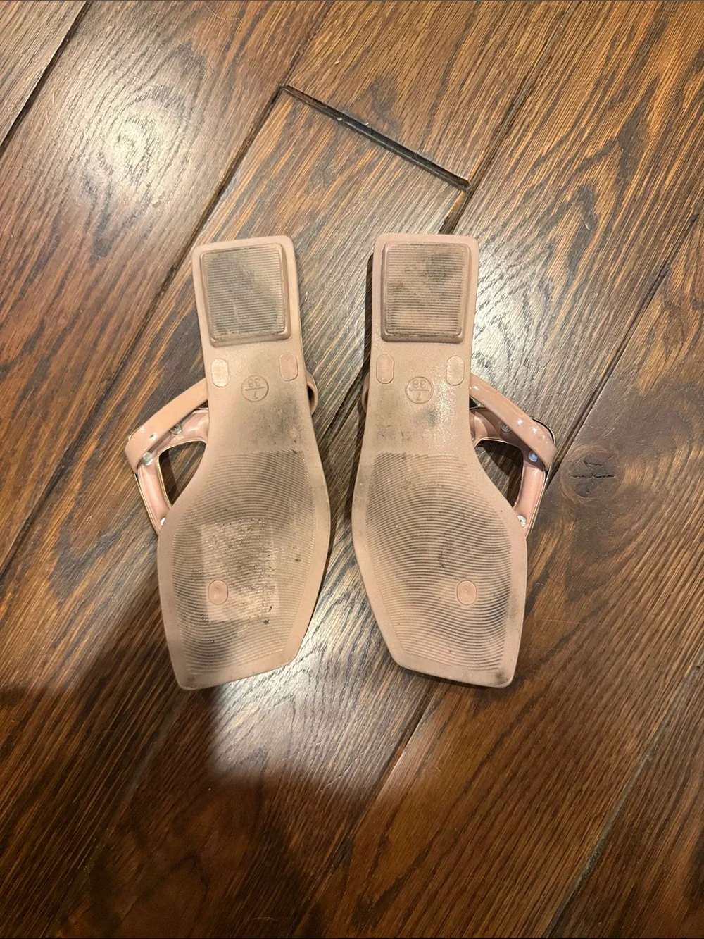 Jeffrey Campbell Blush Square-Toe Thong Sandals with Gold Accent